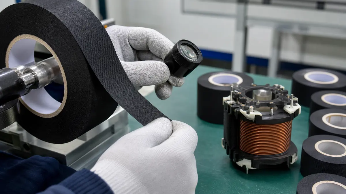 Quality technician inspecting the clean slit edge of black acetate cloth tape for coil wrapping
